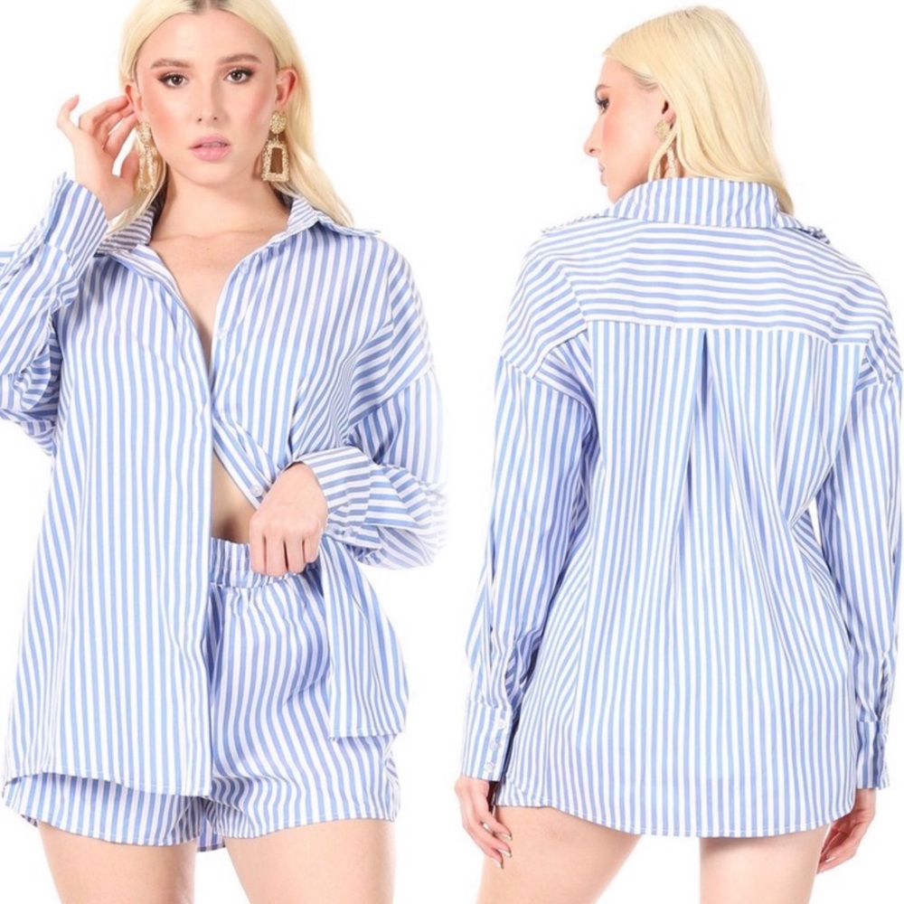 Blue Striped Women's shirt and short set